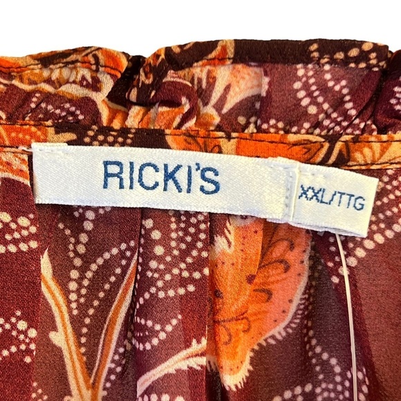 Ricki's Women's Blouse XXL Brown Orange Sheer Ruffle Neck Long Sleeve - Picture 10 of 15